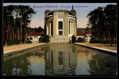 AK Dresden-Tolkewitz, Städtisches Krematorium mit Wasserbecken