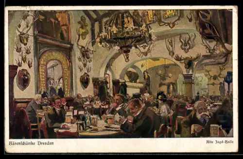 Künstler-AK Dresden, Gasthaus Bärenschänke, alte Jagdhalle