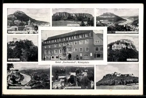 AK Königstein, Hotel Sachsenhof, Bad Schweizermühle, Stadt u. Festung, rückseitig Landkarte