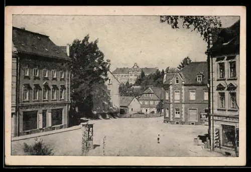 AK Ebersbach /Sa., Platzpartie mit Geschäften aus der Vogelschau