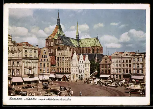 AK Rostock, Markt mit Marienkirche