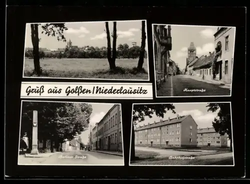 AK Golssen /Niederlausitz, Bahnhofstrasse, Berliner Strasse mit Denkmal, Ortsansicht