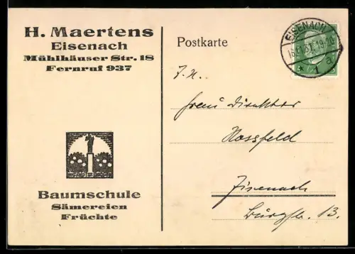 AK Eisenach, Baumschule H. Maertens, Mühlhäuser Strasse 18, Rechnung, Firmenlogo