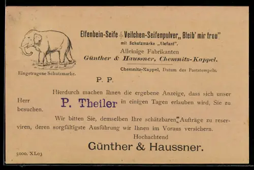 AK Chemnitz-Kappel, Seifenhersteller Günther & Haussner, Vertreterankündigung, Elefant