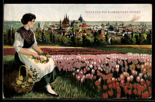 AK Erfurt, Frau in Tracht vor Tulpenbeet