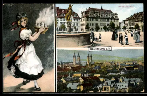 AK Naumburg a. S., Teilansicht, Marktplatz mit Brunnen, Frau mit Knödeln