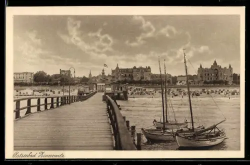 AK Zinnowitz, Ostseebad, Strandpartie mit Brücke