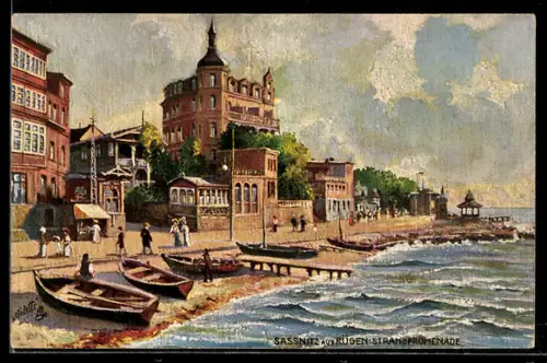 Künstler-AK Sassnitz auf Rügen, Strandpromenade, Boote, Seebrücke