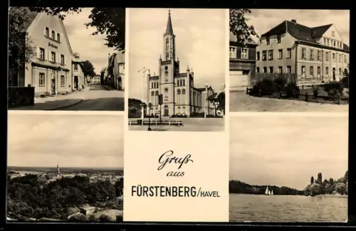 AK Fürstenberg, Kirche, Postamt, Havelpartie