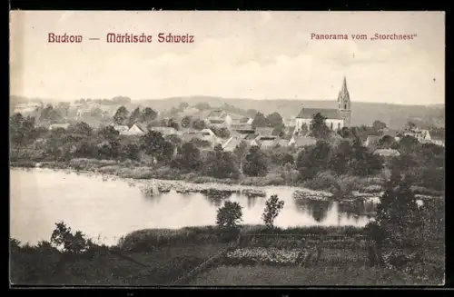 AK Buckow /Märkische Schweiz, Panorama mit Kirche vom Storchnest