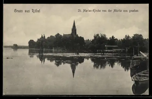 AK Röbel, St. Marien-Kirche von der Müritz aus gesehen