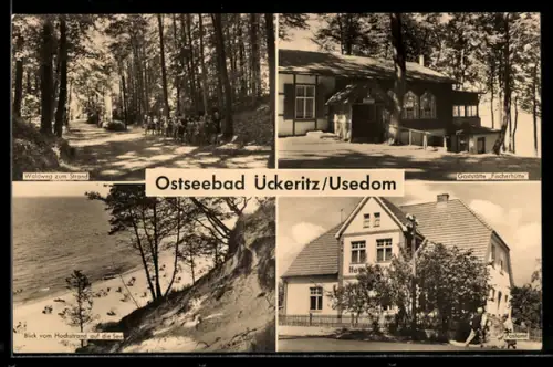 AK Ückeritz /Usedom, Waldweg zum Strand, Gasthaus Fischerhütte, Blick von Hochstrand auf die See