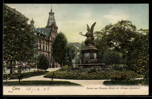 AK Gera, Partie am Theater-Platz mit Krieger-Denkmal