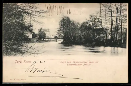 AK Gera, Reuss, Blick vom Faulenzerweg nach der Untermhäuser Brücke