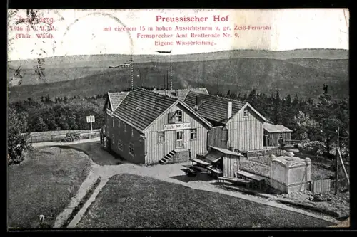 AK Inselsberg, Blick auf Gasthof Preussischer Hof mit Aussichtsturm u. gr. Zeissfernrohr