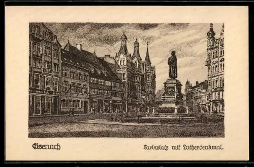 Künstler-AK Eisenach, Carlsplatz mit Lutherdenkmal