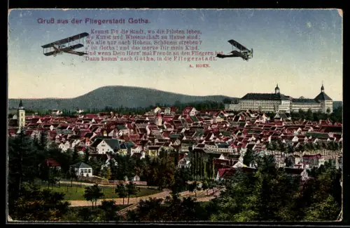 AK Gotha, Generalansicht mit Schloss und Doppeldeckern