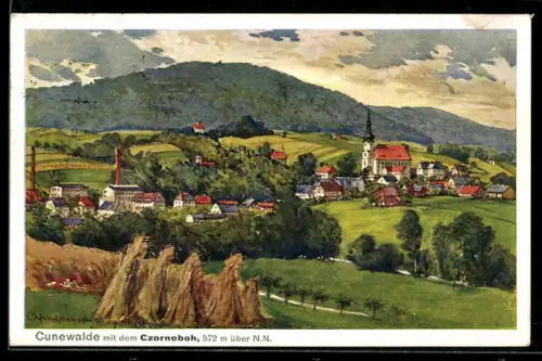 Künstler-AK Cunewalde, Ansicht der Ortschaft mit dem Czorneboh