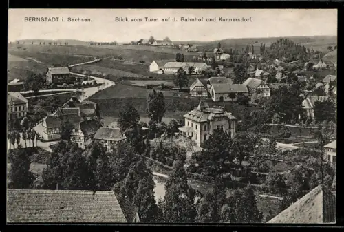 AK Bernstadt i. Sachsen, Blick vom Turm auf den Bahnhof und Kunnersdorf