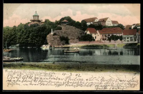 AK Halle-Cröllwitz, Saaleufer mit Felsen und Pavillon