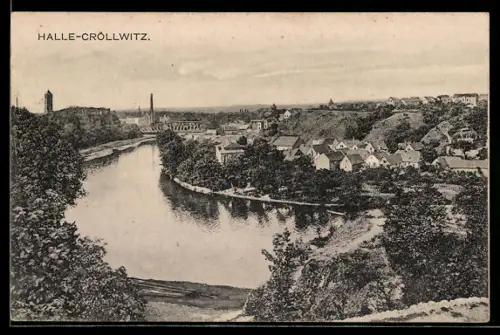 AK Halle-Cröllwitz, Blick auf Saale und Ortsansicht