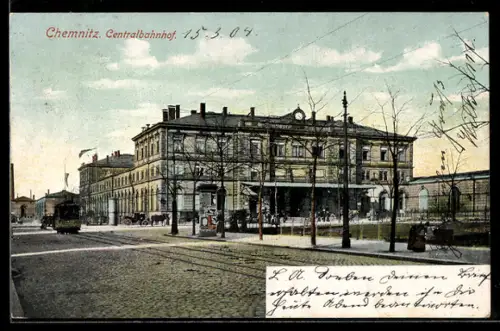AK Chemnitz, Centralbahnhof mit Strasse u. Strassenbahn