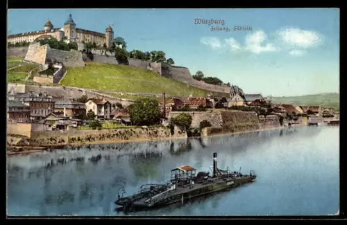 AK Würzburg, Festung, Südseite, Frachtschiff
