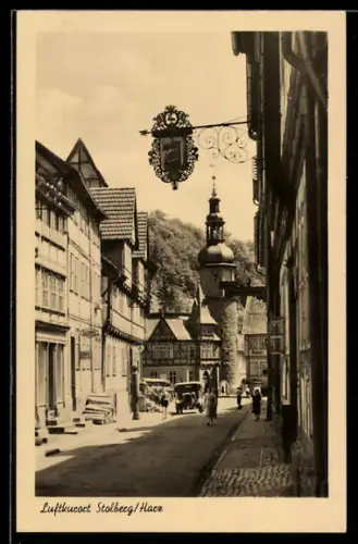 AK Stolberg /Harz, Strassenszene mit Fachwerkhäusern und Stadtturm
