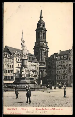 AK Dresden, Altmarkt, Sieges-Denkmal und Kreuzkirche