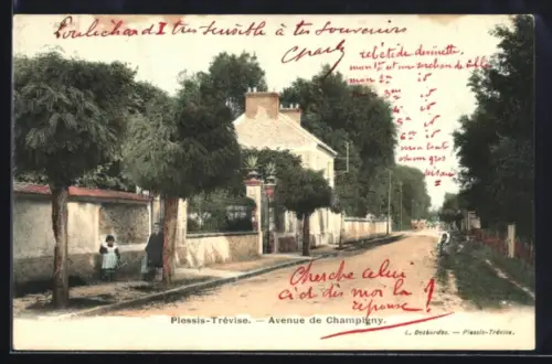 AK Plessis-Trévise, Avenue de Champigny avec des passants et une maison bordée d`arbres
