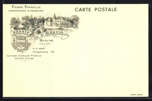 Lithographie Beaune, Abbaye de St. Martin avec blason et adresse de Pierre Ponnelle