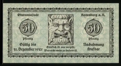 Notgeld Rottenburg a. N. 1918, 50 Pfennig, Teufelsgesicht und Gebäude mit Wappenmotiven