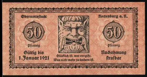 Notgeld Oberamtsstadt Rottenburg a. N. 1918, 50 Pfennig, Dämonenmaske und Rathaus, Wappen mit drei Schilden