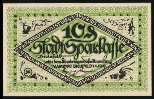 Notgeld Bielefeld 1919, 10 Pfennig, Stadtwappen und schlafender Kohlkopf als Motiv