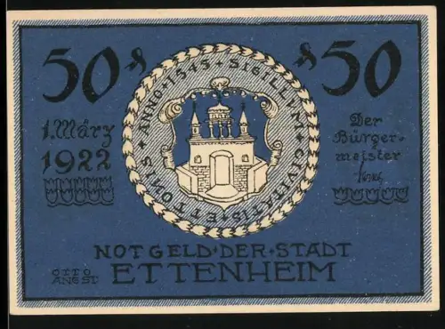 Notgeld Ettenheim 1922, 50 Pfennig, Wappen und Silhouette mit floralen Motiven