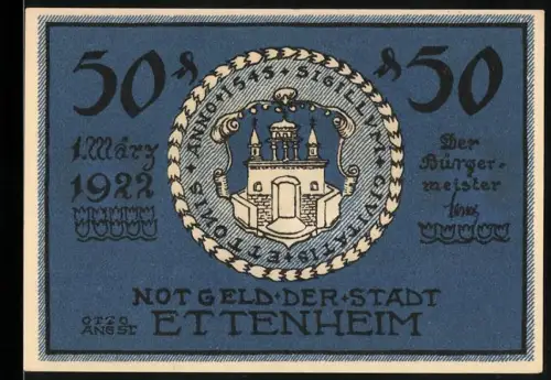 Notgeld Ettenheim 1922, 50 Pfennig, Stadtwappen mit Architektur, Herzog von Enghien und Kardinal Rohan