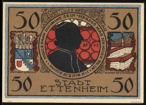 Notgeld Ettenheim 1922, 50 Pfennig, Silhouette und Wappen, Kloster und Ortsansicht