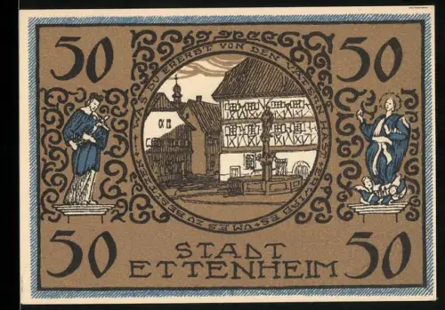 Notgeld Ettenheim 1922, 50 Pfennig, Ortsansicht mit Fachwerkhäusern und Stadttor im Wappen