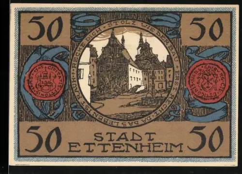 Notgeld Ettenheim 1922, 50 Pfennig, Ortsansicht und Wappen im Medaillon