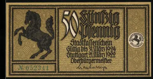 Notgeld Stuttgart 1922, 50 Pfennig, steigendes Pferd und mittelalterliche Strassenszene