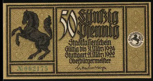 Notgeld Stuttgart 1922, 50 Pfennig, springendes Pferd und Herrenhaus von 1435 am Marktplatz