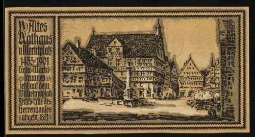 Notgeld Stuttgart 1922, 50 Pfennig, Altes Rathaus und steigendes Pferd mit Stadtwappen
