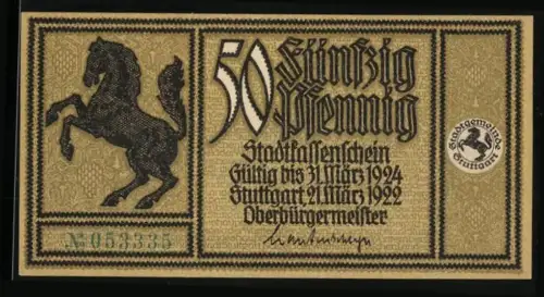 Notgeld Stuttgart 1922, 50 Pfennig, Pferd und Alter Redouten-Saal von 1830