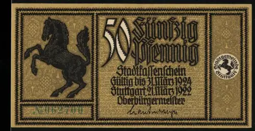 Notgeld Stuttgart 1922, 50 Pfennig, springendes Pferd und das kleine Theater im Schlossgarten