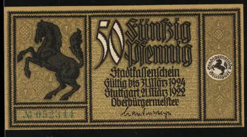 Notgeld Stuttgart 1922, 50 Pfennig, springendes Pferd und Ansicht des Neckartors um 1810