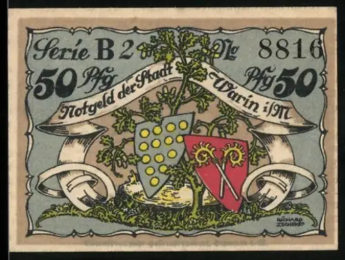 Notgeld Warin i. M. 1922, 50 Pfennig, Wappen und historische Ortsansicht