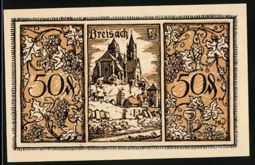 Notgeld Breisach 1921, 50 Pfennig, Ortsansicht und Weinlese-Szene