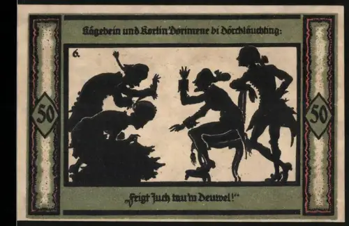 Notgeld Neustrelitz 1921, 50 Pf., Stadtsilhouette und Silhouettenszene mit Figuren