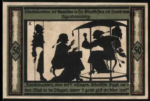 Notgeld Neustrelitz 1921, 50 Pf., Silhouetten von Figuren und Gebäudeansicht