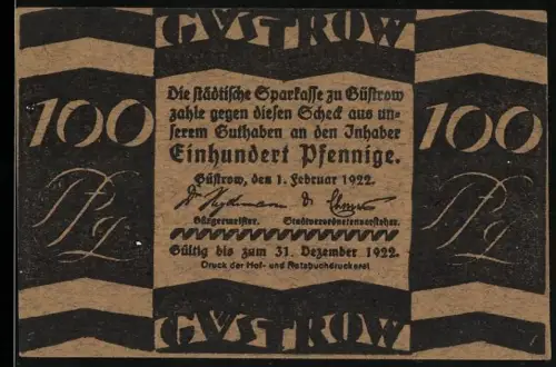 Notgeld Güstrow 1922, 100 Pfennig, Stier mit Blättern und dekorativer Schriftzug
